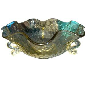 Vintage Yellow Optic Diamond Depression Glass Bowl w/ Dolphin Handles
